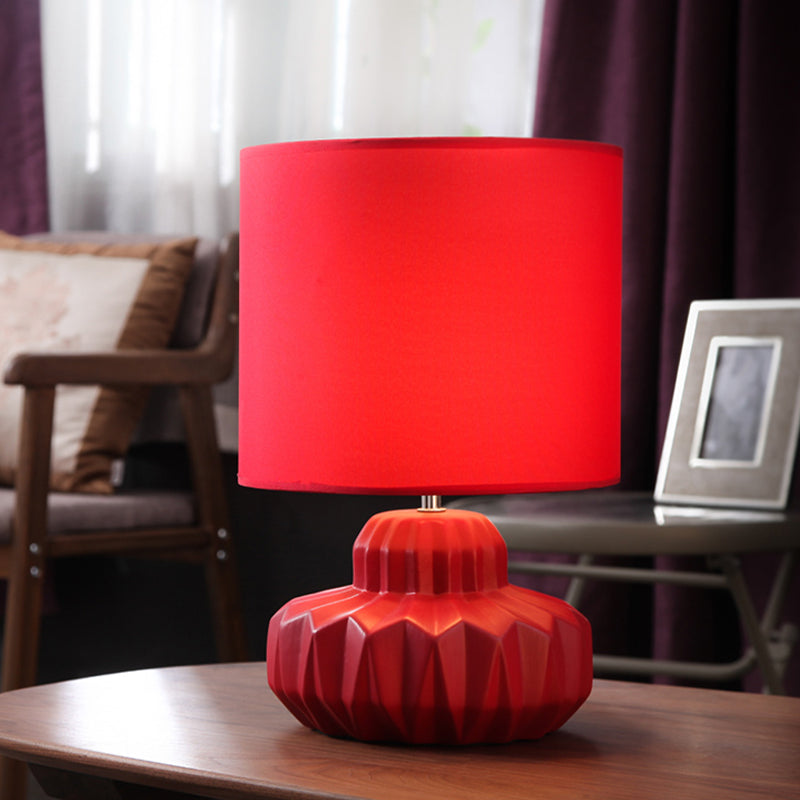 Ceramic Jar Base Retro Nightstand Lamp - Cylinder Fabric Table Light With 1 Bulb For Living Room Red