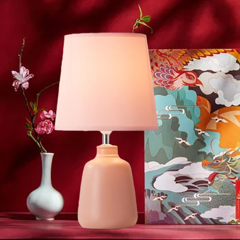 Smart Night Table Light - Modern Ceramic Jar Shape With Fabric Shade In Pink/Green 1-Light