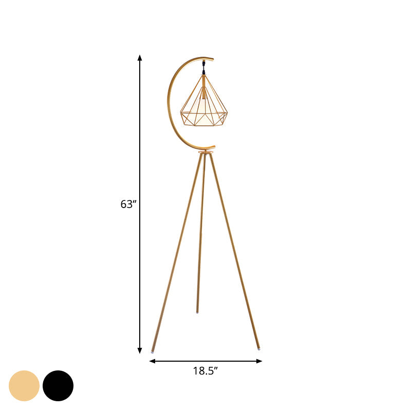 Modernist Black/Gold Diamond Cage Floor Lamp With Tri-Leg Stand - 1 Light Metal