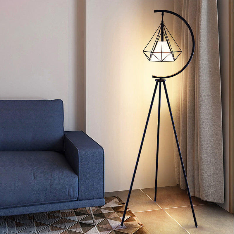 Modernist Black/Gold Diamond Cage Floor Lamp With Tri-Leg Stand - 1 Light Metal Black