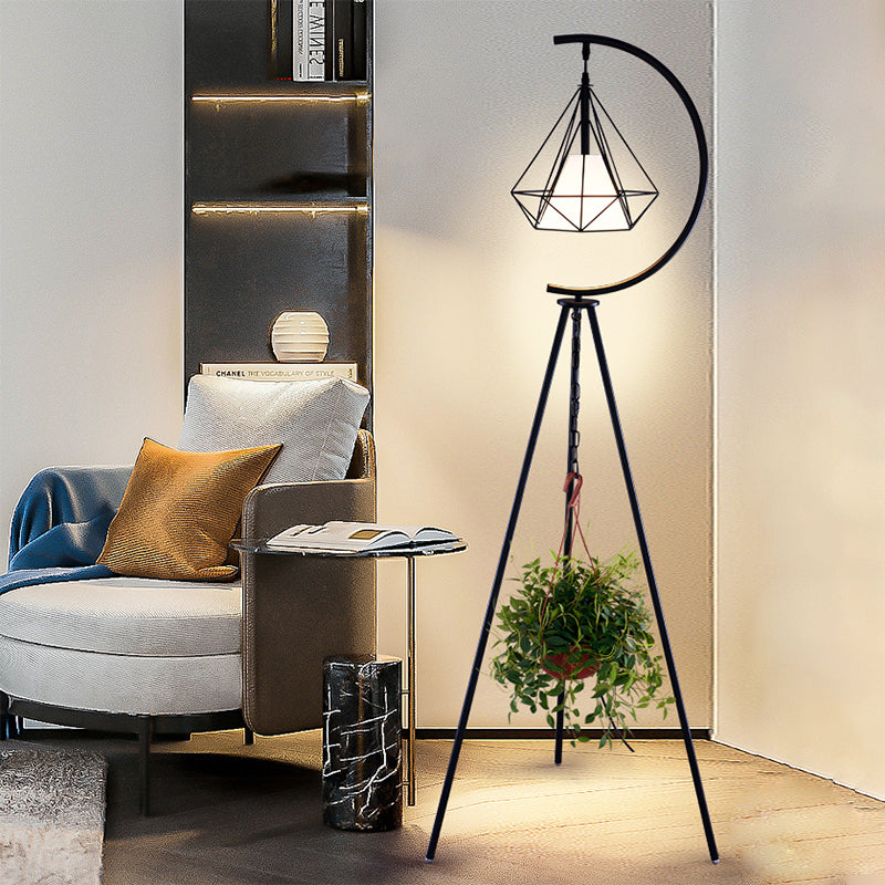 Modernist Black/Gold Diamond Cage Floor Lamp With Tri-Leg Stand - 1 Light Metal
