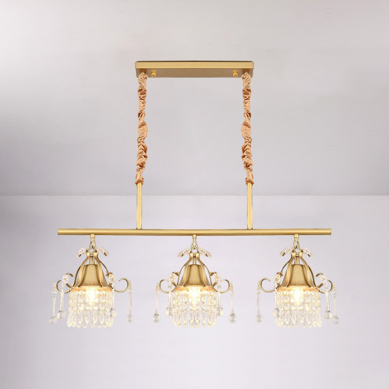 Crystal Teardrop Island Pendant Light With Gold Cylinder And 3 Heads