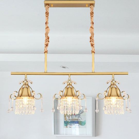 Crystal Teardrop Island Pendant Light With Gold Cylinder And 3 Heads