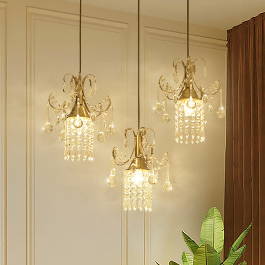 Modernist Crystal Droplet Cylinder Multi Ceiling Light - 3-Light Brass Pendant for Dining Room