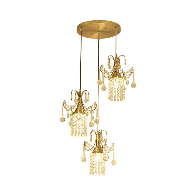 Modernist Crystal Droplet 3-Light Brass Pendant Ceiling Light For Dining Room