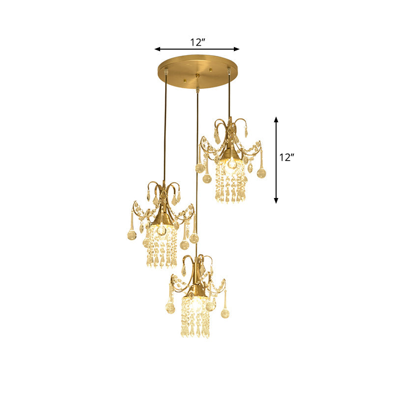 Modernist Crystal Droplet Cylinder Multi Ceiling Light - 3-Light Brass Pendant for Dining Room