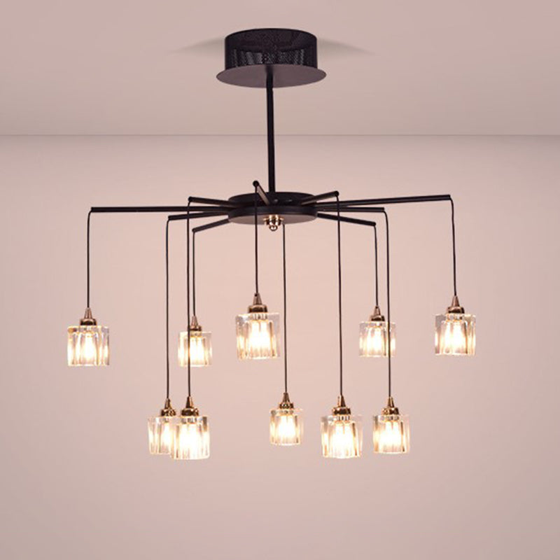 Modernist Radial Ceiling Chandelier - 10 Lights with Black Finish, Metal Pendant and Clear Crystal Cube Shade