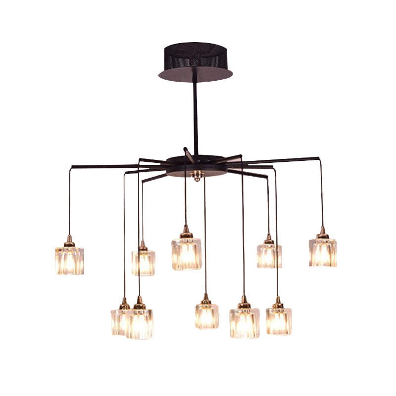 Modernist Black Finish Radial Ceiling Chandelier With 10 Lights And Clear Crystal Cube Shade
