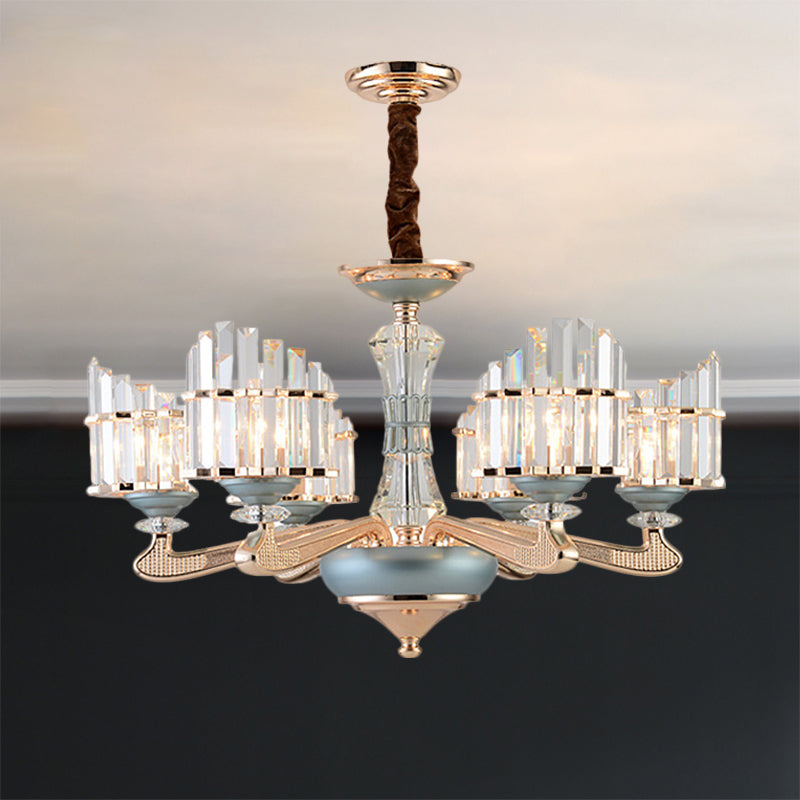 Contemporary Crystal Block Arced Panel Chandelier with 6 Bulbs, Gold Pendulum Light and Blue Ceramic Detail