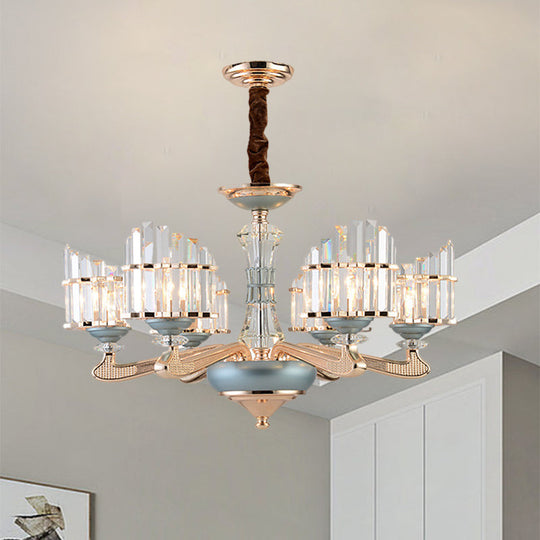 Contemporary Crystal Block Chandelier With Blue Ceramic Accents - 6 Bulbs Gold Finish
