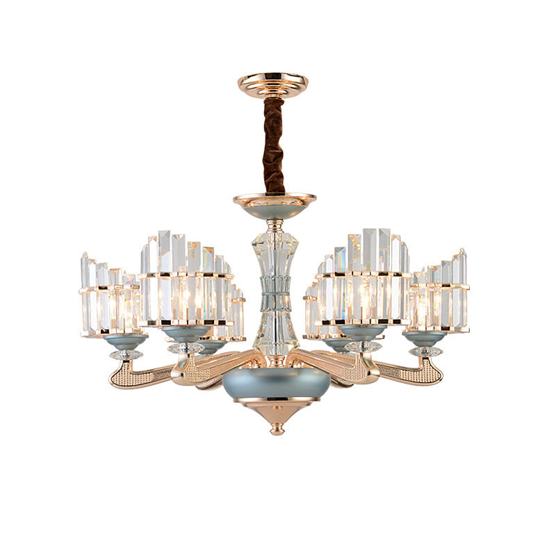 Contemporary Crystal Block Arced Panel Chandelier with 6 Bulbs, Gold Pendulum Light and Blue Ceramic Detail