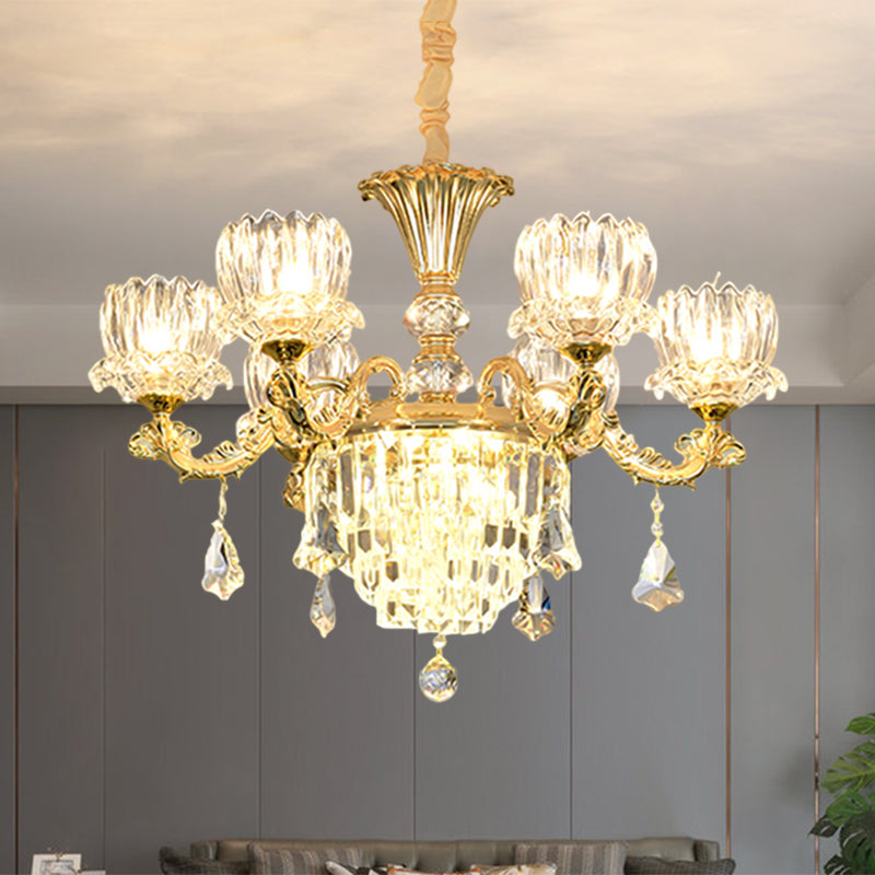 Contemporary Crystal Flower Led Chandelier With Gold Finish - 6-Light Hanging Pendant Lamp