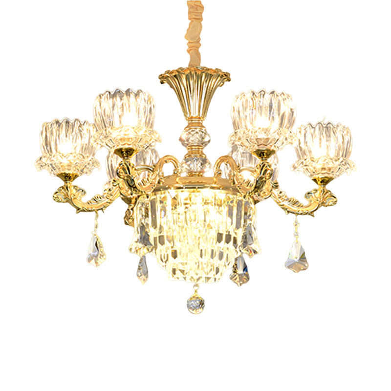 Contemporary Gold Finish 6-Light Crystal Glass Flower Chandelier Pendant Lamp