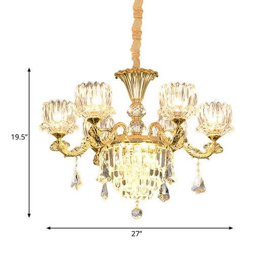 Contemporary Crystal Flower Led Chandelier With Gold Finish - 6-Light Hanging Pendant Lamp