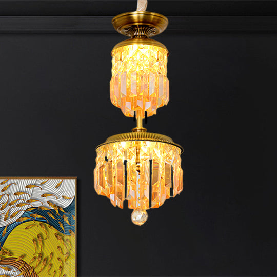 Gold Led Hanging Chandelier With 2-Tier Cylinder Shade And Umber Crystal - Modernist Hallway