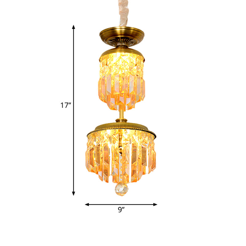 Gold Led Hanging Chandelier With 2-Tier Cylinder Shade And Umber Crystal - Modernist Hallway