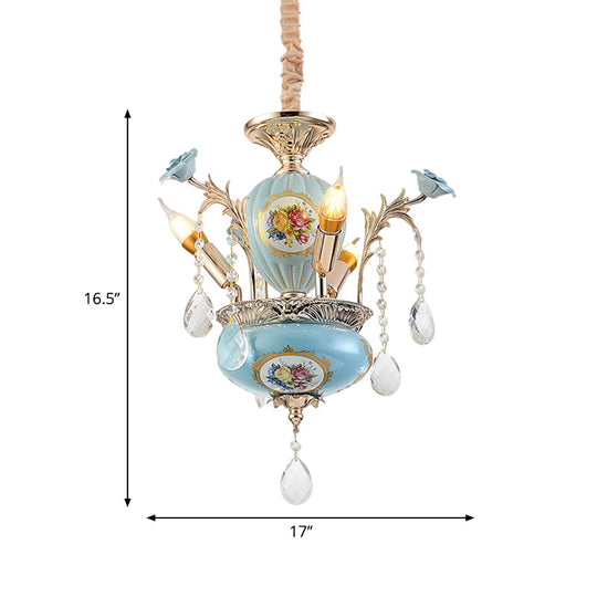 Traditional 2-Layer Blue Ceramic Chandelier - 3-Light Pendant Lamp for Corridor Ceiling