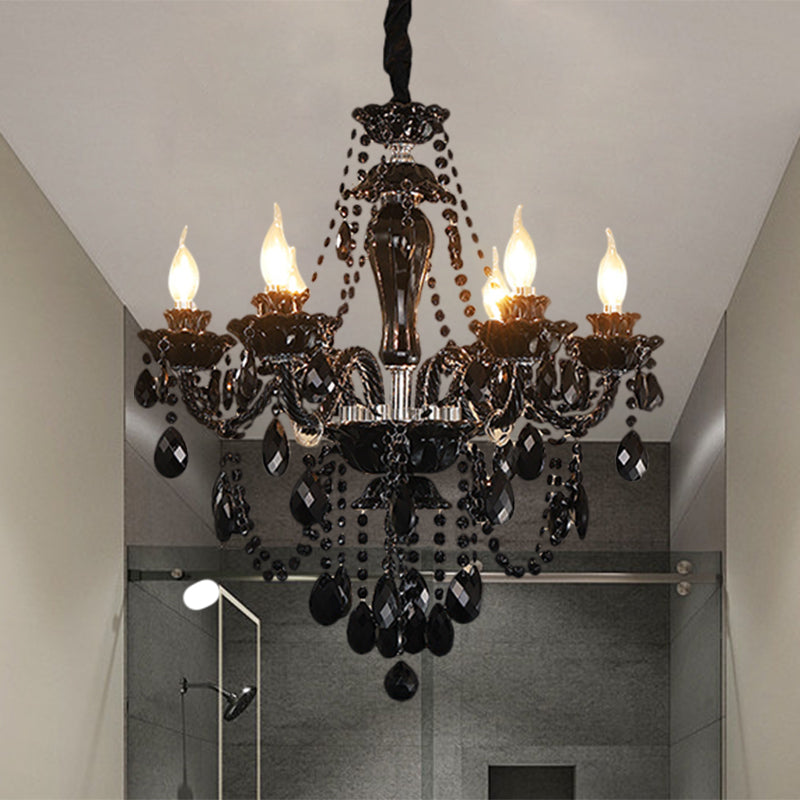 Modern Black Crystal Candelabra Chandelier Light Fixture With 6 Bulbs For Swag Ceiling Suspension