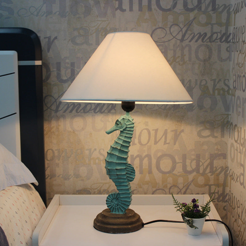 Modern Green Seahorse Bedside Night Lamp With Cone Fabric Shade