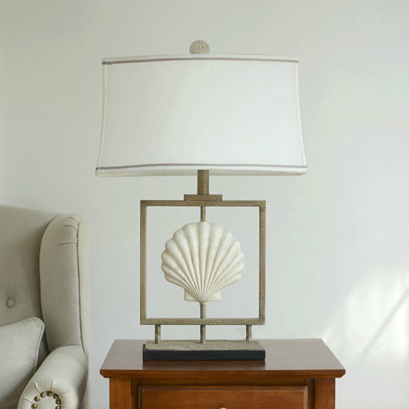 White Fabric Table Lamp: Traditional Rectangle Shape 1-Light Night Light With Shell Decor