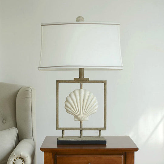 White Fabric Table Lamp: Traditional Rectangle Shape 1-Light Night Light With Shell Decor
