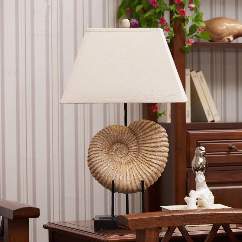 French Country Spiral Shell Night Lamp With Pyramid Fabric Shade - White Resin Table Lighting