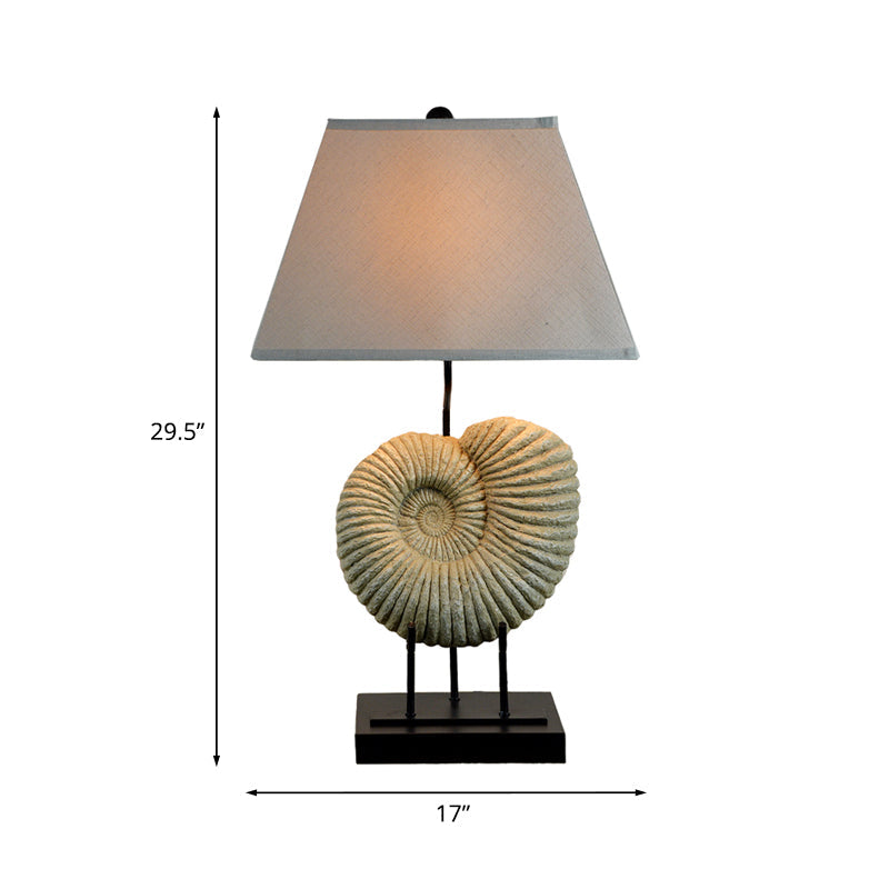 French Country Spiral Shell Night Lamp With Pyramid Fabric Shade - White Resin Table Lighting