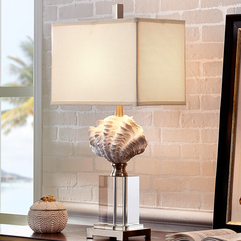 Rustic Resin Conch Shell Bedside Table Lamp - White Nightstand Light With Box Fabric Shade