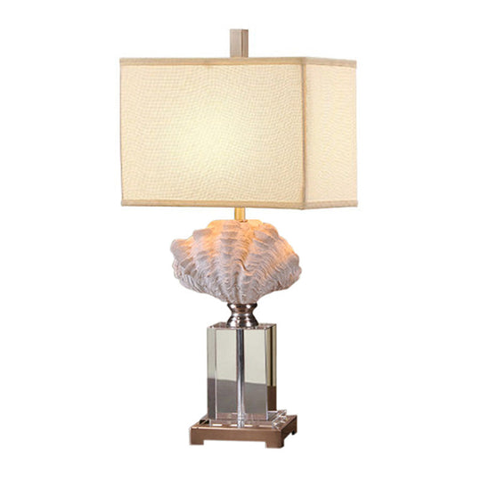 Rustic Resin Conch Shell Bedside Table Lamp - White Nightstand Light With Box Fabric Shade