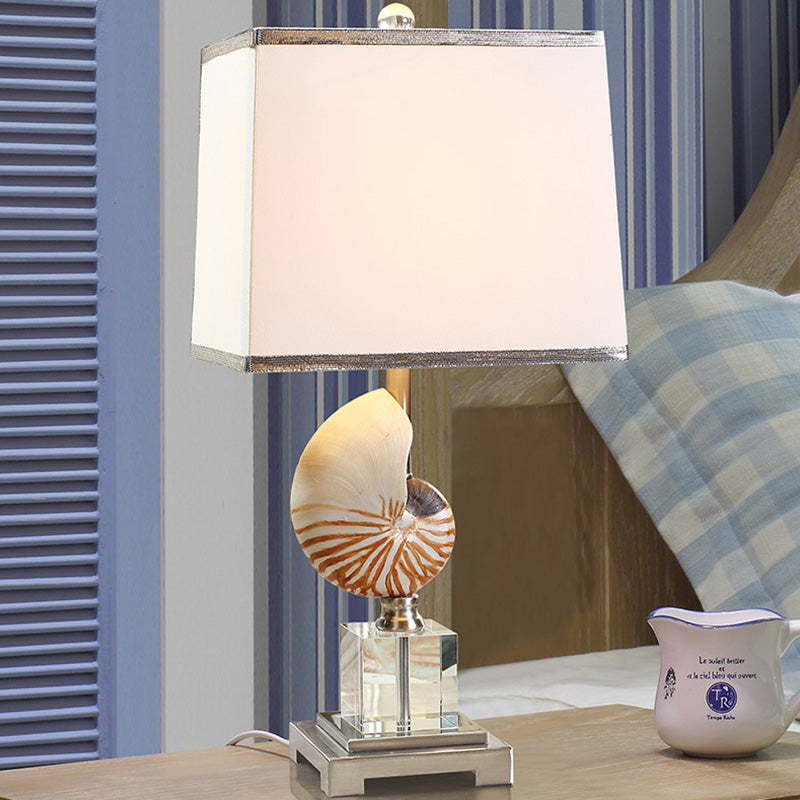 White Fabric Cuboid Nightstand Lamp With Decorative Nautilus Shell Accent - 1 Head Night Table Light