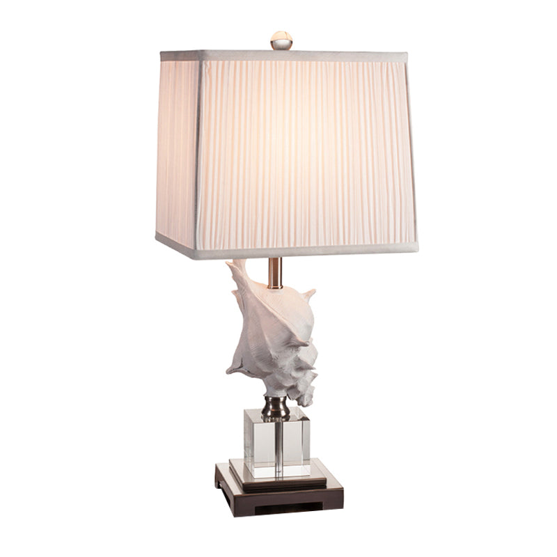 Silver/White Conch Shell Night Light Countryside Resin Table Lamp With Pleated Fabric Shade