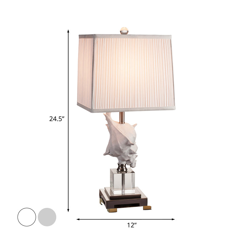 Silver/White Conch Shell Night Light Countryside Resin Table Lamp With Pleated Fabric Shade