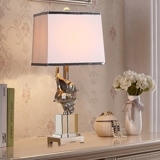 Silver/White Conch Shell Night Light Countryside Resin Table Lamp With Pleated Fabric Shade