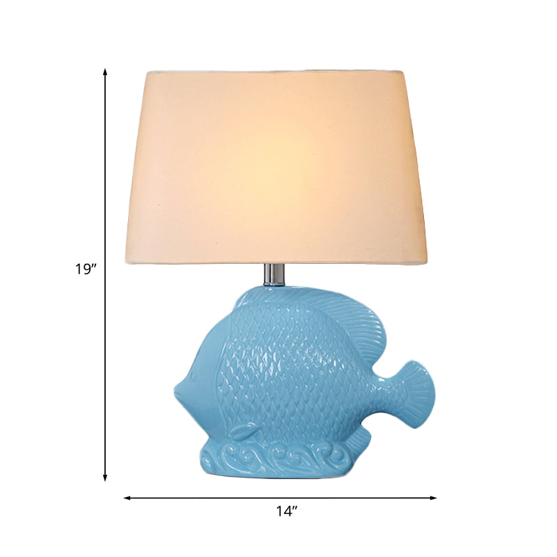 Ceramic Blue Tropical Fish Single-Bulb Table Lamp With Rectangle Fabric Lampshade