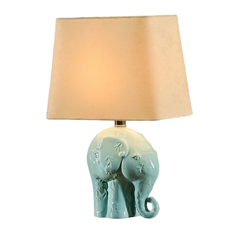 Blue Ceramic Elephant Table Lamp - Farmhouse Night Light With Trapezoid Fabric Shade