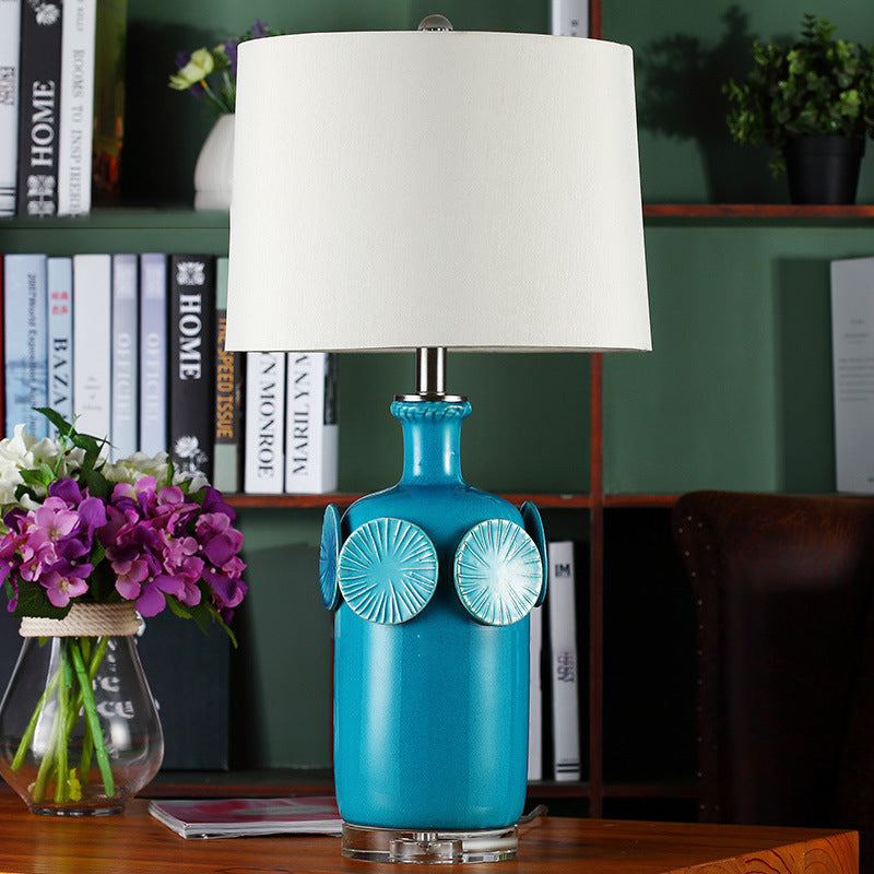 Country Style Blue Ceramic Table Lamp With Fabric Shade - Jug Nightstand Lighting
