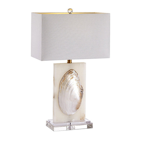 French Country Fabric Rectangle Living Room Table Lamp - White Nightstand Light With Shell