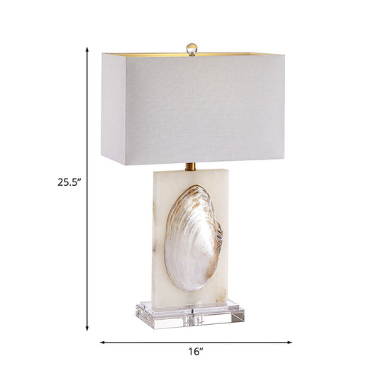 French Country Fabric Rectangle Living Room Table Lamp - White Nightstand Light With Shell
