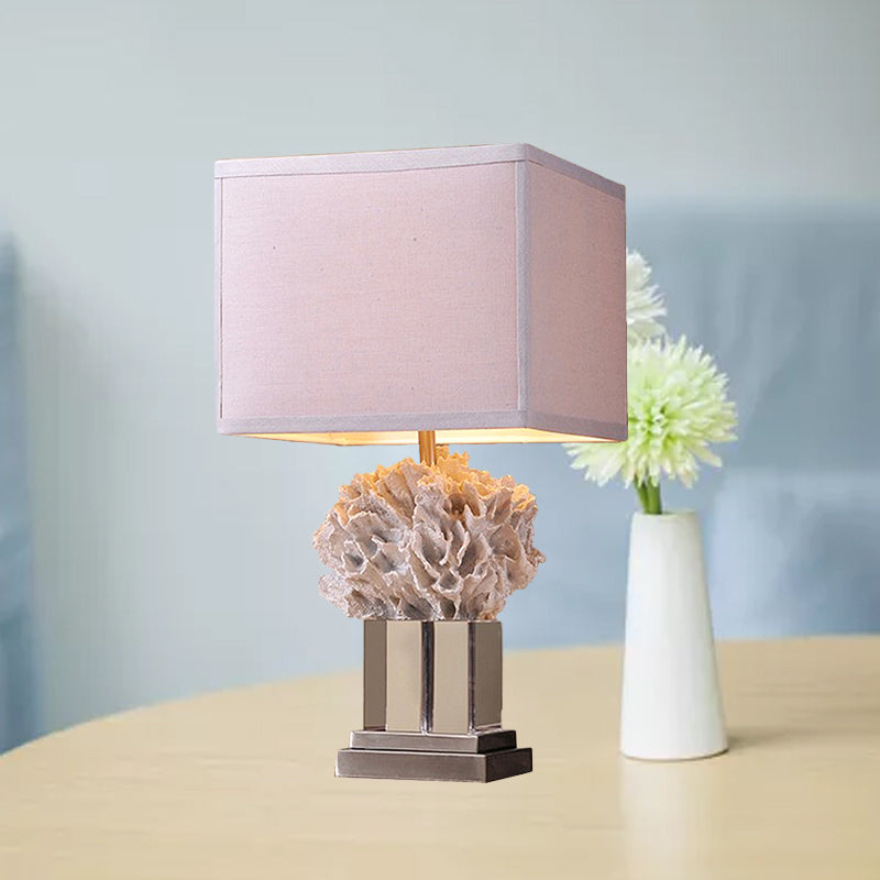 Rose - Rustic Single Resin Night Table Lamp Rustic White Seaweed Bedroom Nightstand Light with Cube Fabric Shade