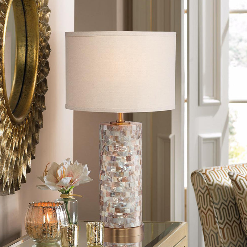 Isabelle - Shell Shell Patchwork Column Nightstand Light Minimalist 1 Head Parlor Table Lamp with Cylinder Fabric Shade in Flaxen/White
