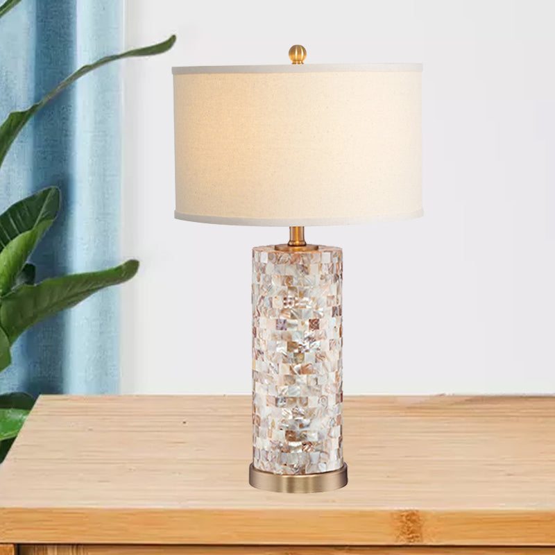 Isabelle - Shell Shell Patchwork Column Nightstand Light Minimalist 1 Head Parlor Table Lamp with Cylinder Fabric Shade in Flaxen/White