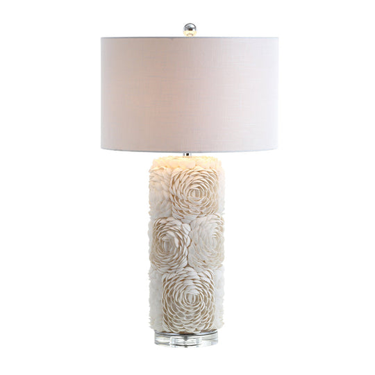 Minimalistic Floral Pillar Table Light: White Shell Night Lamp With Drum Fabric Shade