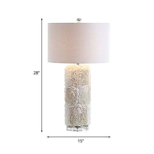 Minimalistic Floral Pillar Table Light: White Shell Night Lamp With Drum Fabric Shade