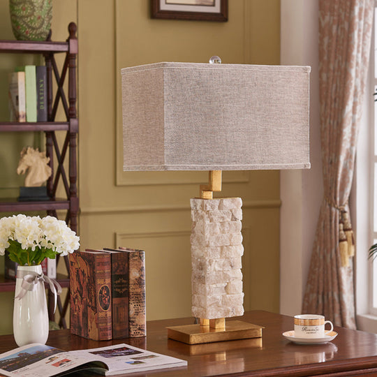 Traditional Flaxen Rectangular Table Lamp - Head Stone Night Stand Light With Fabric Shade