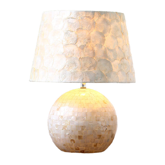 White Minimalist Globe And Drum Table Lamp - Single-Bulb Shell Nightstand Light