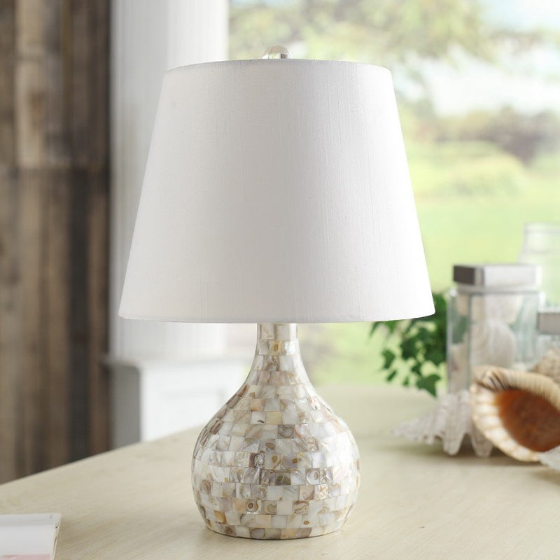 Shell Pear Shaped Countryside Night Light Dining Room Lamp With Tapered Fabric Shade White