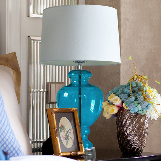 Retro Bedroom Lamp With Blue Glass Base And Fabric Shade - Head Table Lighting