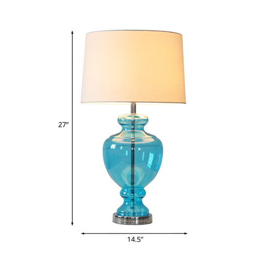 Annamaria - Retro 1 Head Table Lighting Retro Bedroom Nightstand Lamp with Urn Blue Glass Base and Drum Fabric Shade