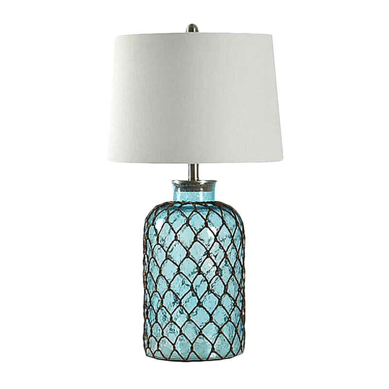 Nicole - Blue Jar Blue Glass Table Stand Lamp Vintage Single Living Room Night Light with Trellis Net and White Shade