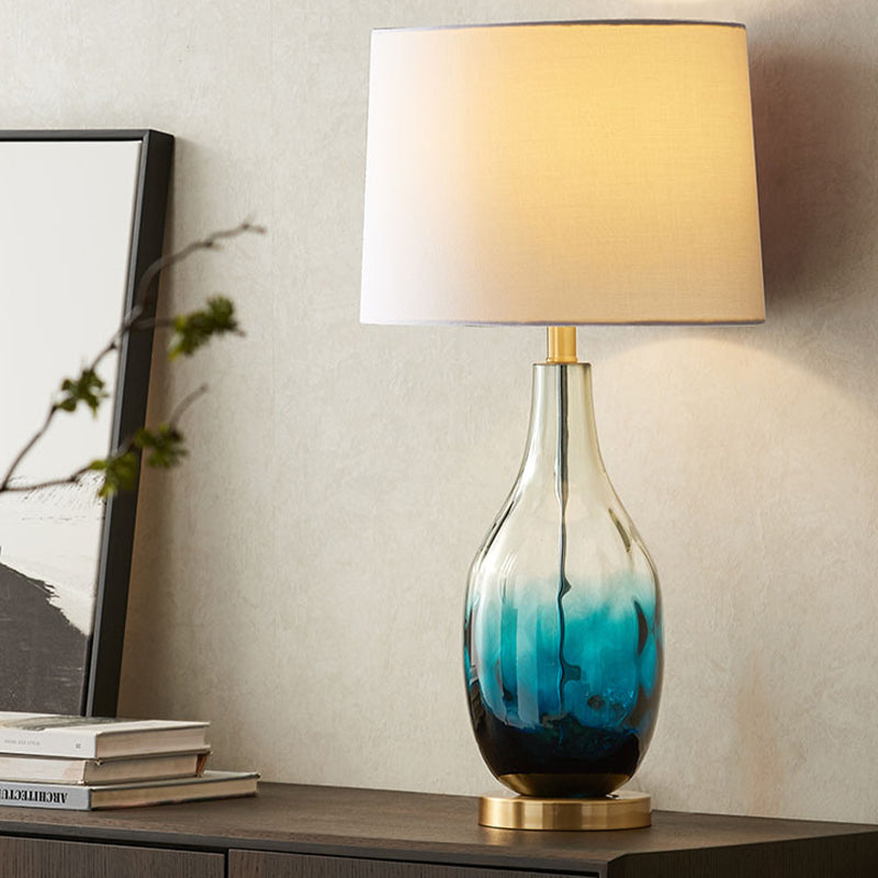 Contemporary Beige/Brown Drum Table Lamp With Blue Glass Base Beige